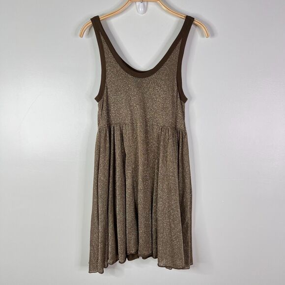 Free People Beach Dress Size M Shimmery Gold Brown Trim Tank - Picture 2 of 6